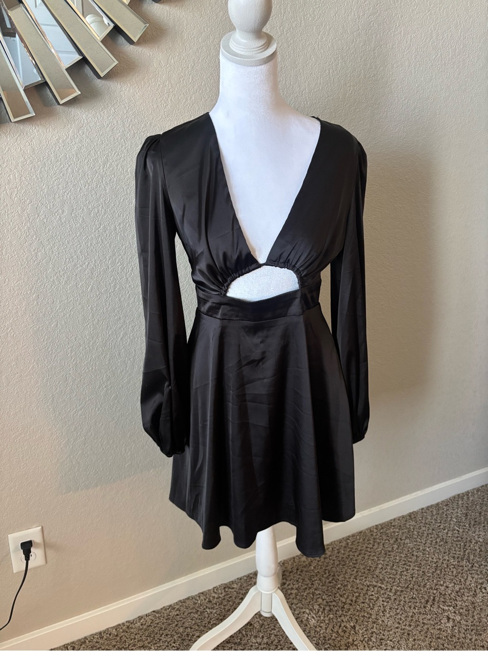Black Long-Sleeve V-Neck Cutout Dress